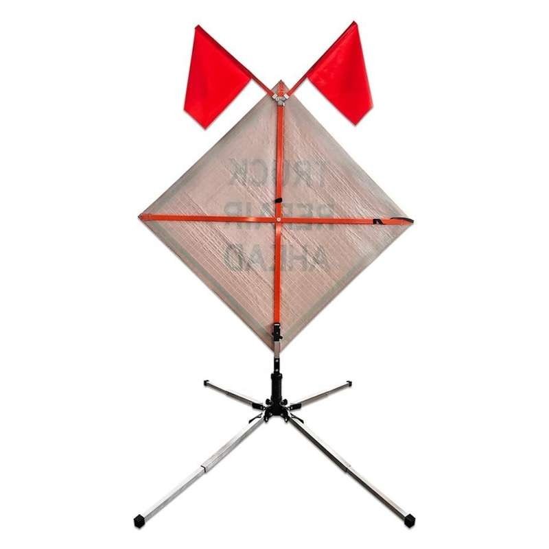 Rear view of roll-up warning sign with support ribs, flags and folding stand