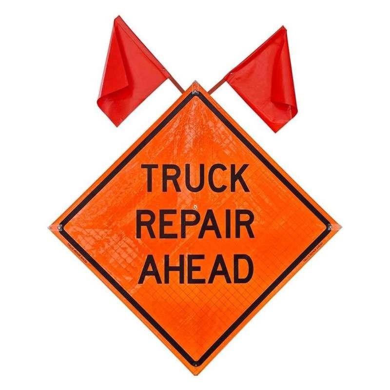 Truck Repair Ahead Roll-Up Sign with Flag Attachment — product detail