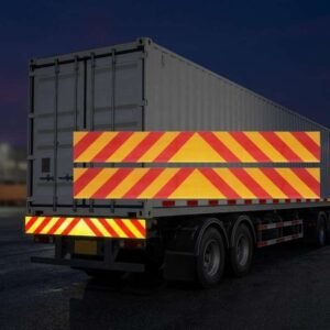 Illustrative red and yellow chevron bumper marking on a truck