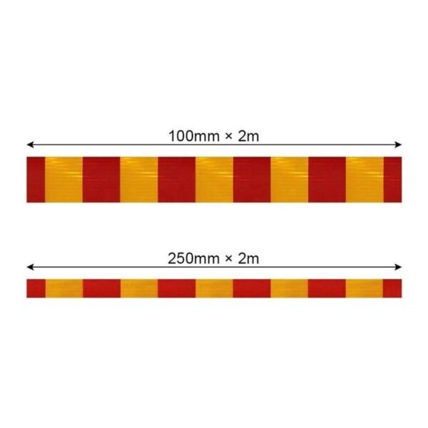 Red and yellow reflective strip size references; confirm final dimensions