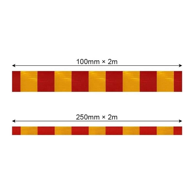 Red and yellow reflective strip size references; confirm final dimensions
