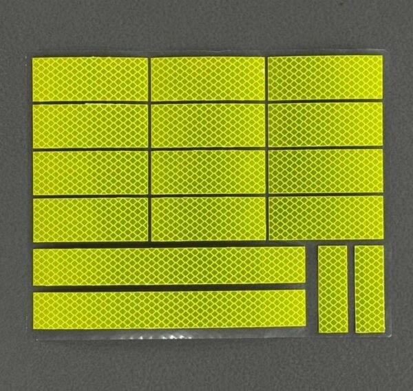 Complete fluorescent yellow reflective sticker sheet with mixed rectangular sizes