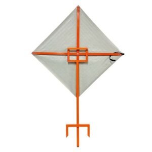 Rear view of Road Work Ahead roll-up sign with ground stake and support frame