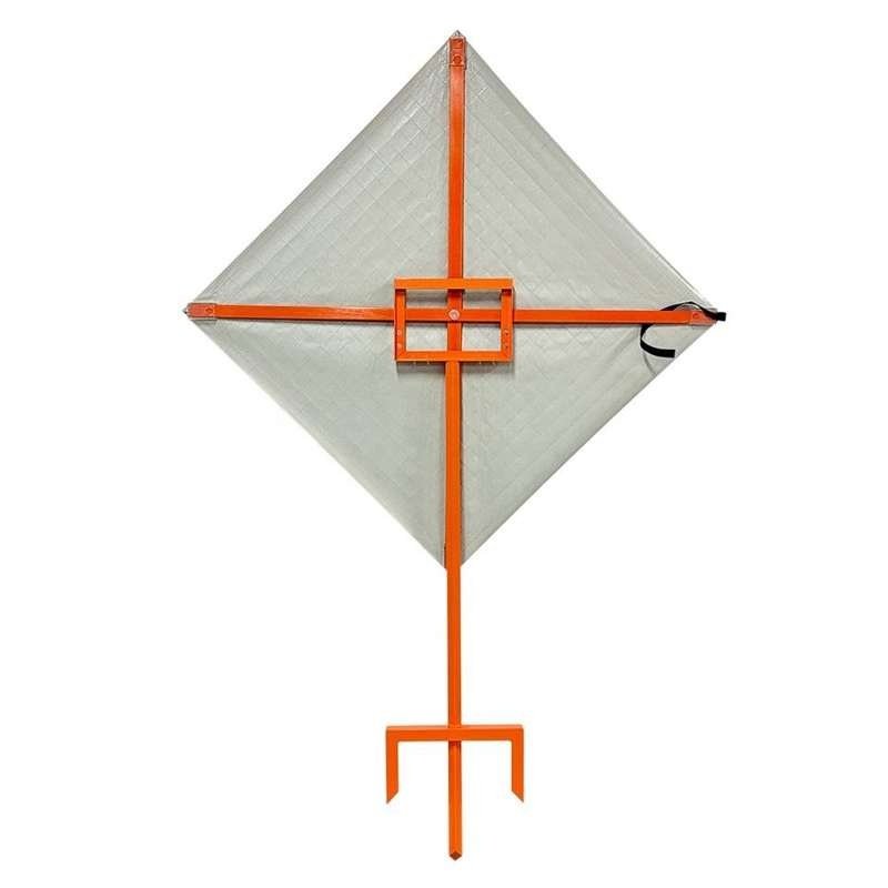 Rear view of Road Work Ahead roll-up sign with ground stake and support frame