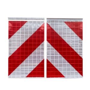 Pair of red and white reflective truck tail lift warning flags
