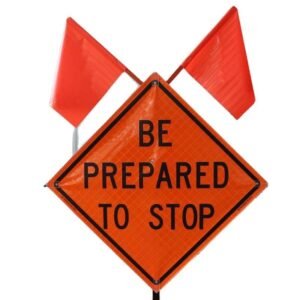 BE PREPARED TO STOP Reflective Roll-Up Sign with Flags and Stand — product detail