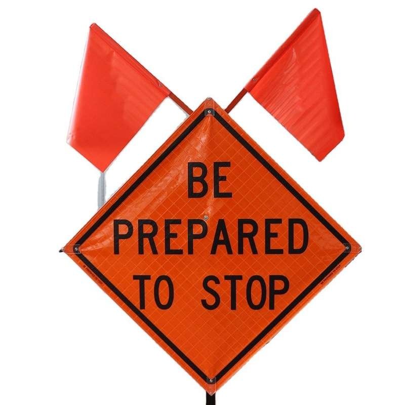 BE PREPARED TO STOP Reflective Roll-Up Sign with Flags and Stand — product detail