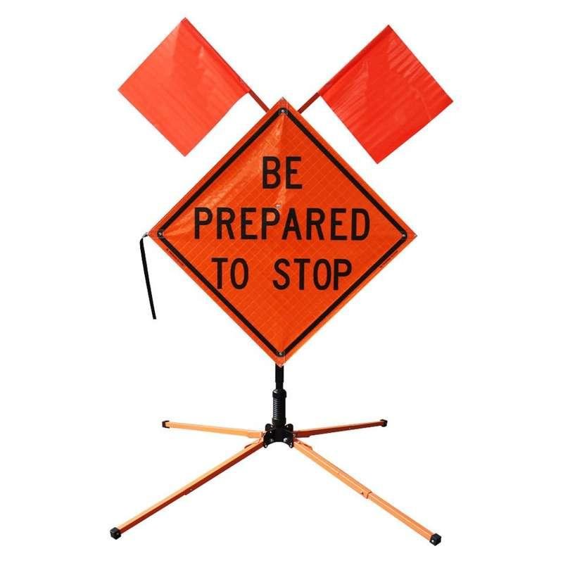 BE PREPARED TO STOP reflective roll-up sign with two flags and folding stand