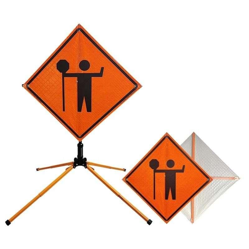 Orange reflective flagger symbol roll-up sign and portable stand