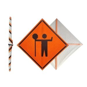 Flagger-symbol roll-up sign shown rolled for storage and with front and rear faces