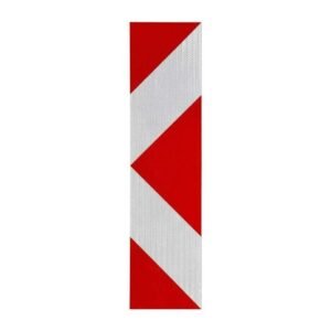 Red and white reflective delineator sticker with chevron pattern
