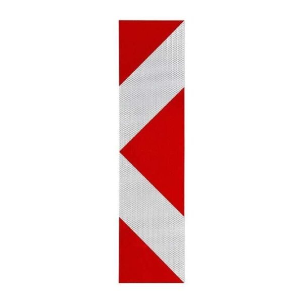 Red and white reflective delineator sticker with chevron pattern