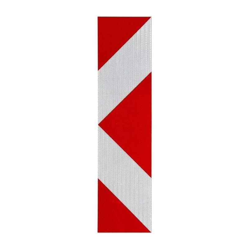 Red and white reflective delineator sticker with chevron pattern