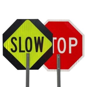 STOP and SLOW reflective sign faces with aluminum handles
