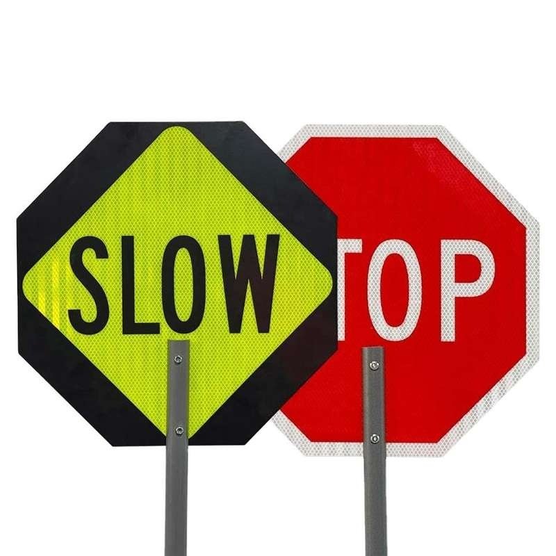 STOP and SLOW reflective sign faces with aluminum handles