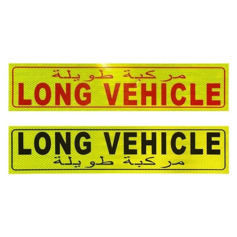 Fluorescent yellow LONG VEHICLE reflective stickers with English and Arabic text