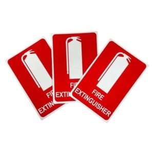 Red and white printed FIRE EXTINGUISHER signs