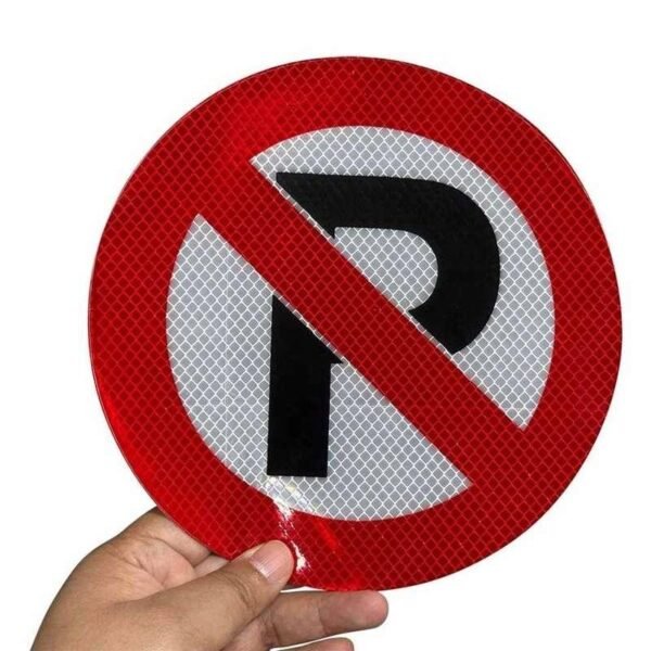 Round reflective No Parking sticker with red ring and black P