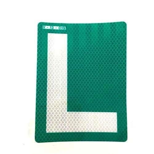 Green reflective rectangular driver sticker with large white L