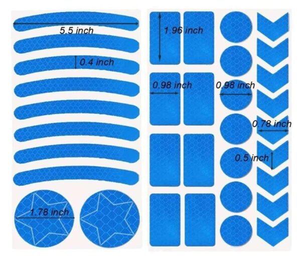 Blue reflective decal kit with curved strips circles rectangles and chevrons