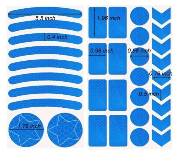 Blue reflective bicycle decal kit with curved strips and assorted shapes
