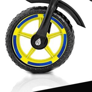 Blue curved reflective strips illustrated on a bicycle wheel