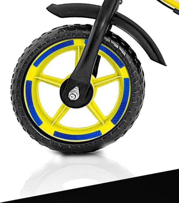 Blue curved reflective strips illustrated on a bicycle wheel