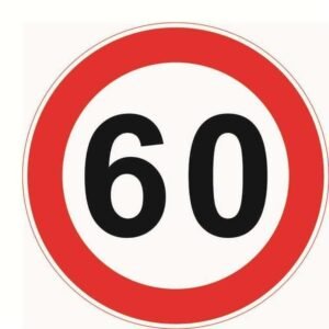 Round speed limit 60 sign with red border and black numerals