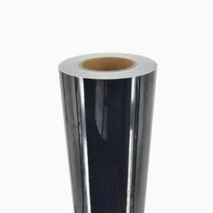 Close-up of black PVC film roll and cardboard core