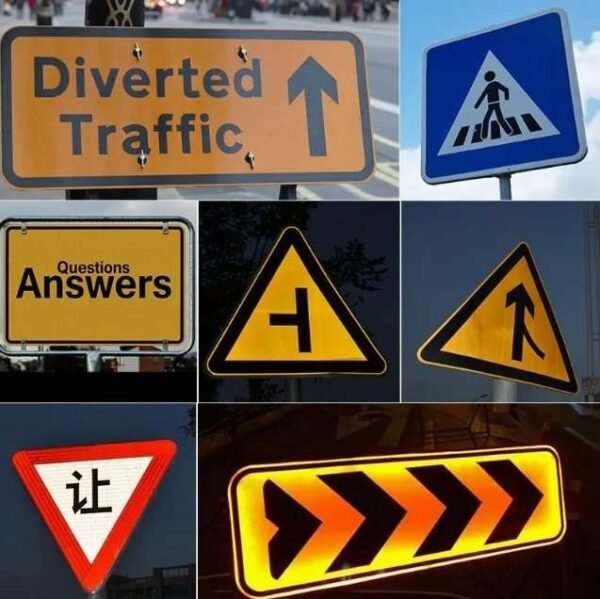 Traffic sign examples using black lettering symbols and graphic elements