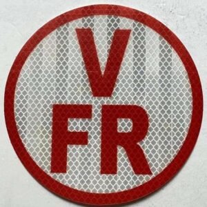 Circular red and white V-FR reflective truss identification sticker