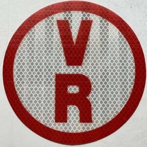 Circular V-R truss identification sticker with reflective white background