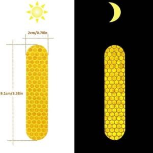 Yellow reflective strip with 2 cm by 9.1 cm illustrated dimensions and lighting comparison