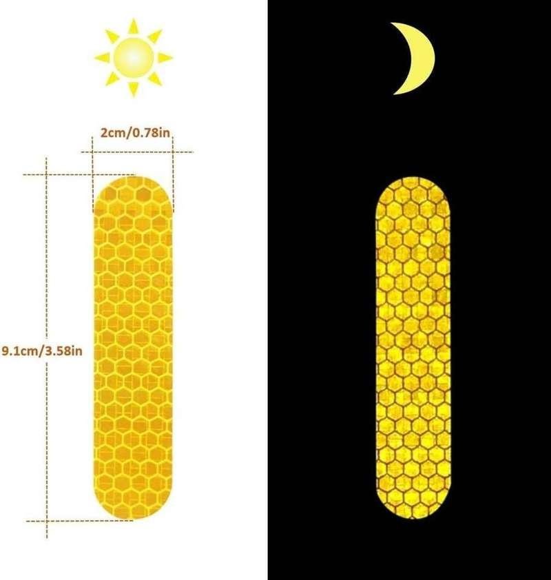 Yellow reflective strip with 2 cm by 9.1 cm illustrated dimensions and lighting comparison