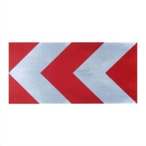 Red and white reflective warning sticker with left-pointing chevrons