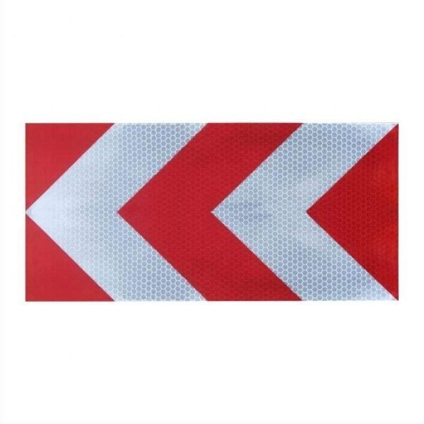 Red and white reflective warning sticker with left-pointing chevrons