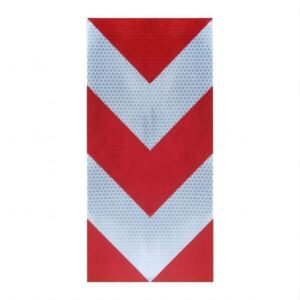 Red and white reflective chevron sticker shown vertically