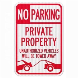 Reflective No Parking Private Property aluminum sign with tow-truck symbol