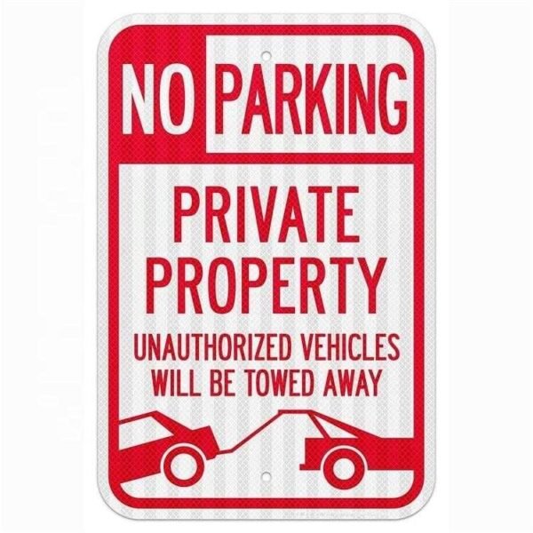 Reflective No Parking Private Property aluminum sign with tow-truck symbol
