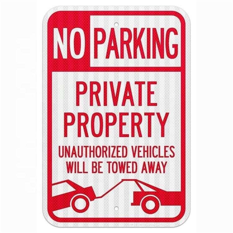 Reflective No Parking Private Property aluminum sign with tow-truck symbol