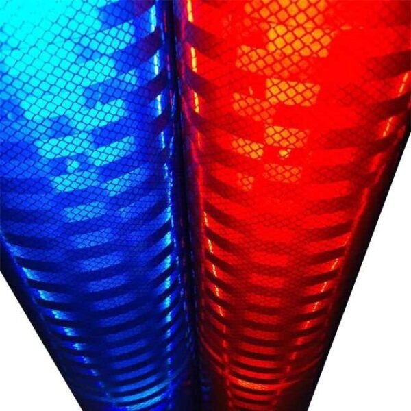 Blue and red prismatic reflective film close-up