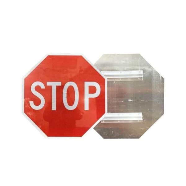 Octagonal reflective STOP sign panel shown from front and rear