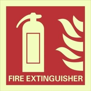 Photoluminescent fire extinguisher sign with extinguisher and flame pictograms