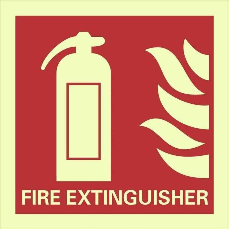 Photoluminescent fire extinguisher sign with extinguisher and flame pictograms
