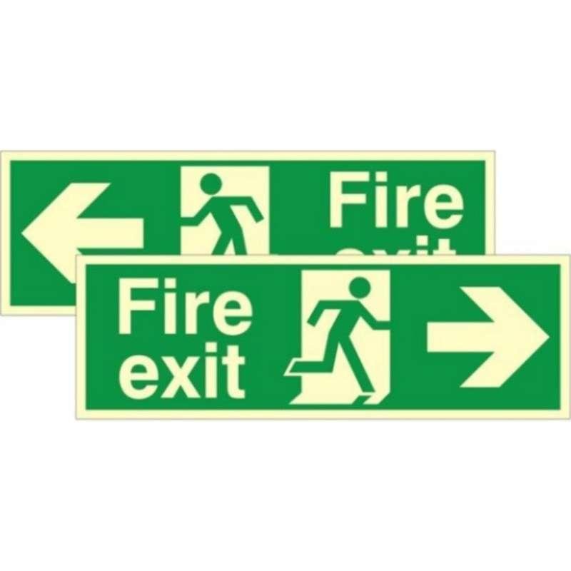 Photoluminescent fire exit signs with left and right directional arrows
