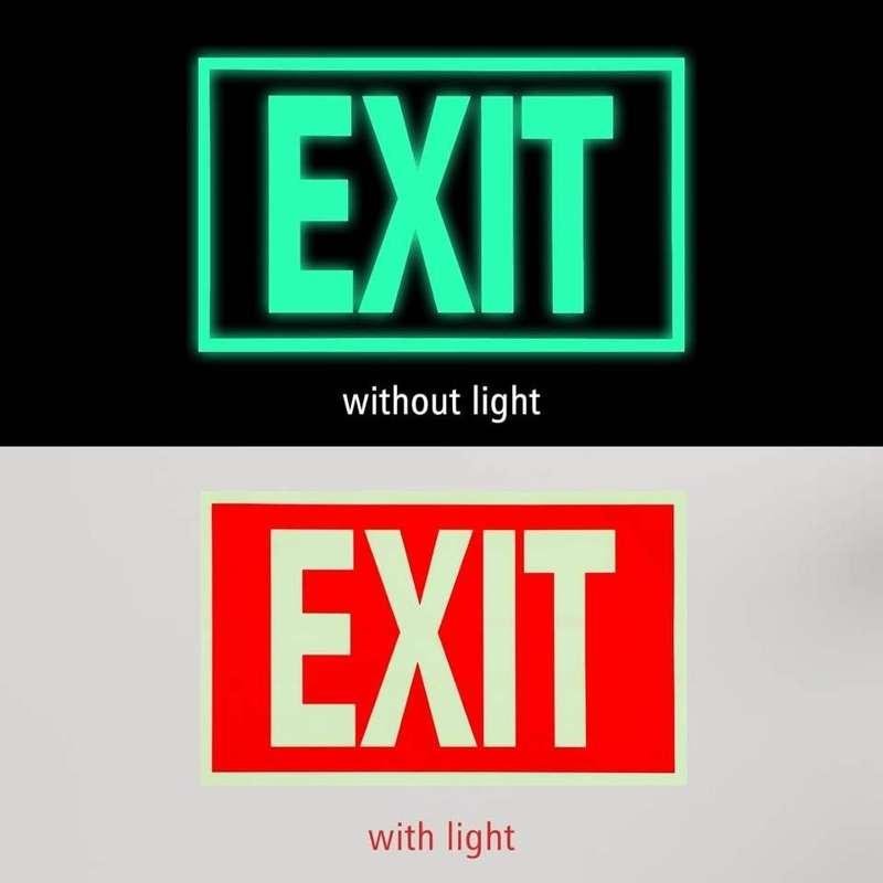 EXIT sign appearance in ambient light and green afterglow after charging