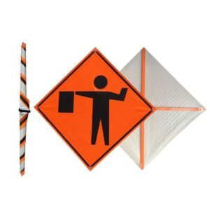 Roll-up traffic sign front reverse and rolled storage views