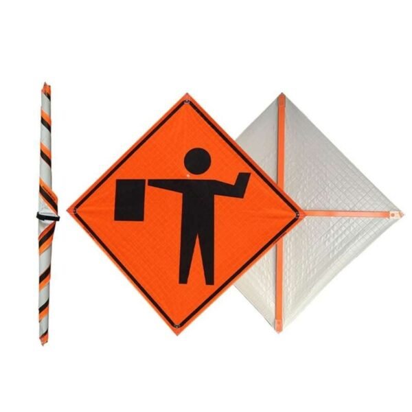 Roll-up traffic sign front reverse and rolled storage views