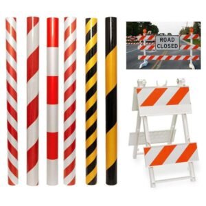 Red-white and yellow-black warning film patterns with barrier examples