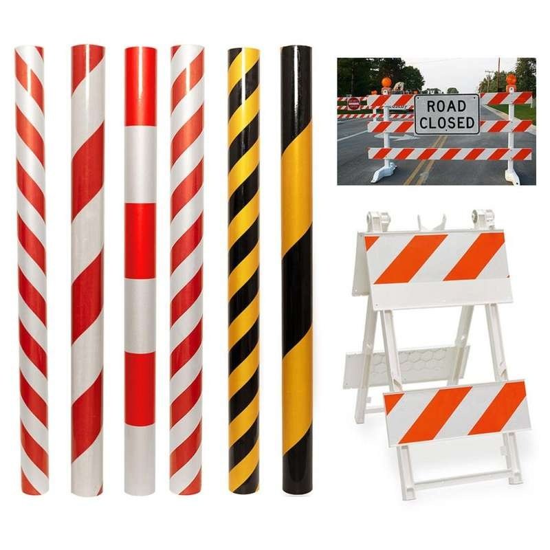 Red-white and yellow-black warning film patterns with barrier examples